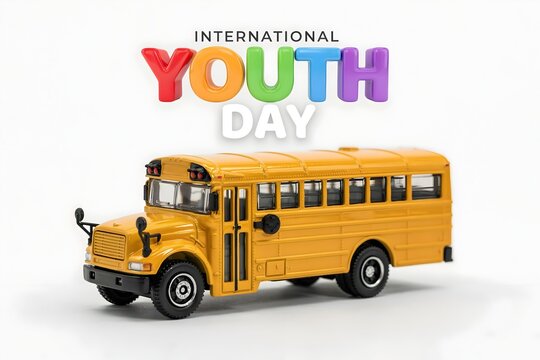 Yellow toy school bus on white background for international youth day