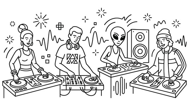 Linear coloring page illustration of djs and alien character mixing music at dj console.