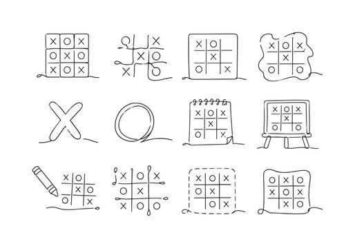 Tic Tac Toe Games one-line drawing set, 12 minimal continuous single-line icons showing tic tac toe board, X and O game, strategy grid, doodle play board, hand drawn cross mark, children game paper,