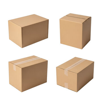 Four brown cardboard boxes isolated on transparent background