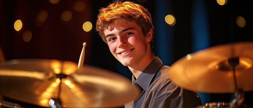 Portrait of happy teenage drummer smiling behind a drum kit during a live stage performance