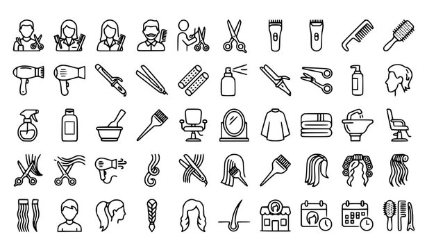 Hair Salon and Barbershop Icon Set Featuring Stylists Scissors Clippers Hairdryers Chairs Washing Sinks and Beauty Treatment Line Art Vector Graphics for Grooming Brands