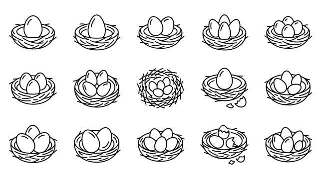 Outline bird nest icons set with eggs and hatching shells linear vector illustration design.