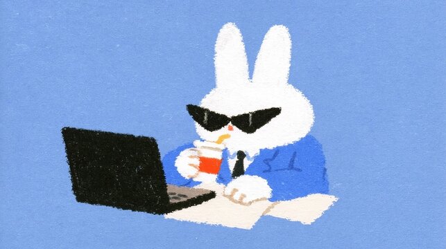 Efficiency expert rabbit in business suit multitasking on laptop with coffee