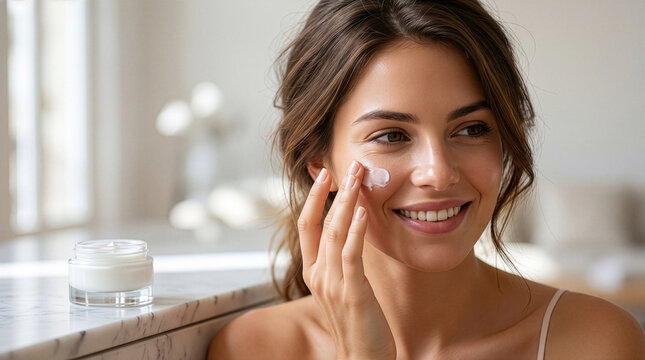 Radiant French Woman Applying Moisturizer in Luxury Beauty Editorial