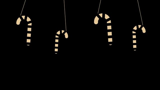 Striped candy canes hanging and swinging from the top edge, gold Christmas transparent overlay, seamless loop animation