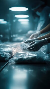 Hands in gloves carefully packaging food items in plastic wrap for hygiene. Hands meticulously sealing food products in clear plastic packaging, emphasizing cleanliness safety in professional setting