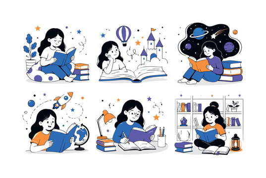 Reading Adventure Girl, clean editorial illustration set, create 6 separate small editorial illustrations about girl reading, open book, imagination, cosmos, astronaut, discovery journey, education,