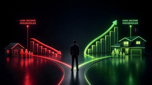 Businessman facing a neon glowing crossroad symbolizing the widening economic gap between low income and high income households