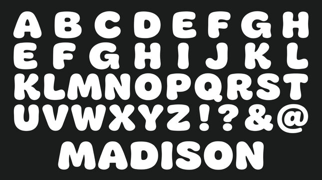 Bubble font alphabet set in white, bold rounded capital letters on black background, Madison typography vector collection for posters