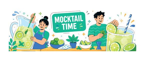 Fototapeta premium Margarita Mocktail Pitcher ? clean editorial banner scene with 2 geometric friends serving a citrus mocktail at a backyard drink station, one oversized lime pitcher stretching from left edge and one