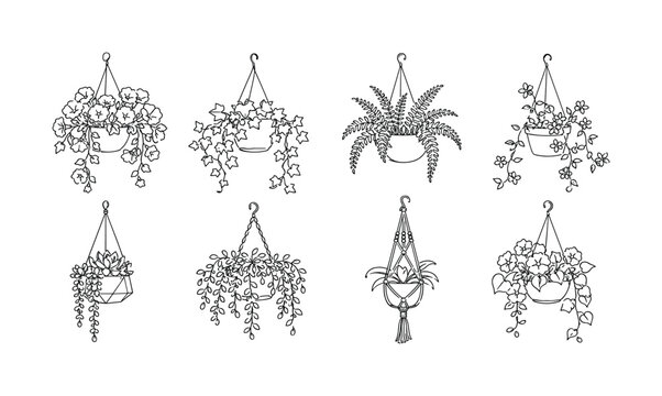 Hanging Flower Baskets one-line drawing set, 8 minimal continuous single-line illustrations featuring cascading petunia basket, ivy planter, fern basket, flowering vine pot, succulent hanger, trailing
