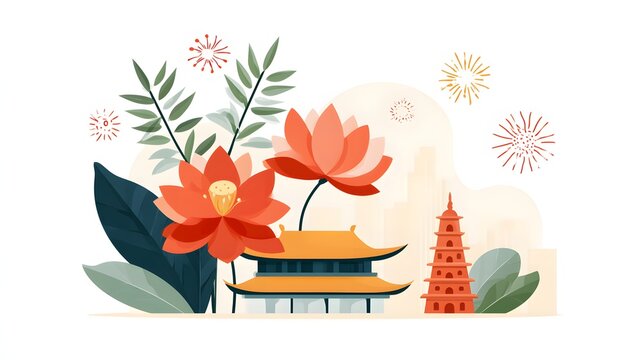 premium vector illustration of Vietnam National Day featuring lotus flowers, bamboo leaves, traditional architecture and festive decorative elements, modern flat design, clean composition