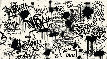 Urban graffiti wall vector background, black hand drawn street art tags and paint drips, grunge underground subculture mural texture © Iconify Studio
