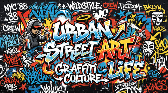 Urban street art graffiti culture background, colorful wildstyle mural with spray paint character, vibrant hip hop subculture vector EPS