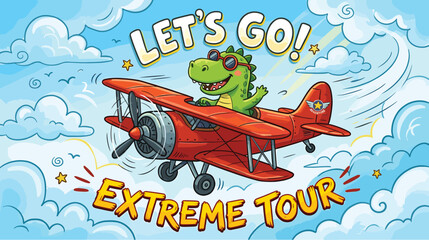 Cartoon dinosaur pilot flying red biplane in blue sky, cute t-rex aviator character, extreme tour travel poster with clouds and stars © Iconify Studio