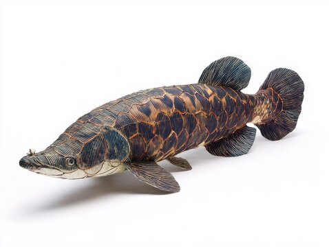Detailed Longnose Gar Fish With Mottled Brown And Gold Scales Isolated On A Plain White Background