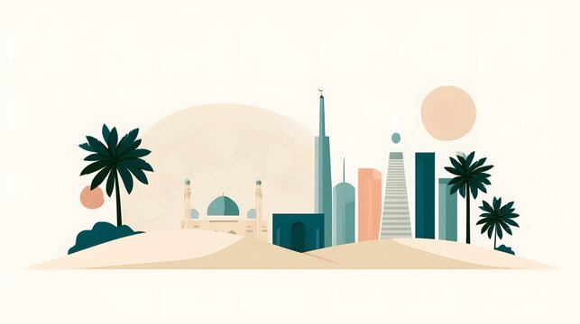 premium flat vector illustration of Saudi Arabia National Day featuring desert landscape, palm trees, Islamic geometric motifs, modern architecture and elegant decorative elements, clean editorial
