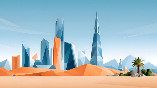 low poly digital illustration of Saudi Arabia featuring futuristic skyline, desert dunes, mountains and oasis, geometric contemporary artwork with vibrant colors