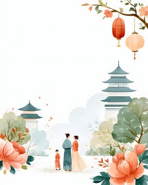 watercolor illustration of Chinese families celebrating National Day in a grand city park, traditional clothing, lanterns, peonies, elegant pagodas, soft watercolor washes, refined brushwork, premium