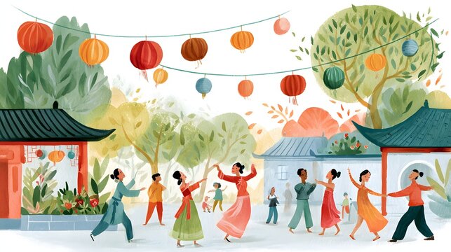 gouache illustration of Chinese National Day community festival with traditional dancers, lantern decorations, gardens and cultural architecture, expressive brush textures, contemporary folk art style