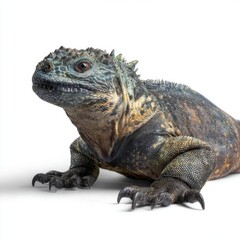 Fototapeta premium Detailed Portrait Of A Galapagos Marine Iguana With Textured Black And Brown Scales On White Background