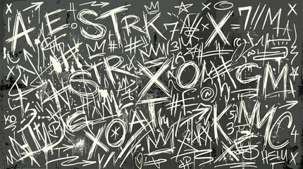 Urban graffiti wall vector background, hand drawn street art chalk scribbles, messy white marker tags and symbols on dark grey concrete texture © Iconify Studio