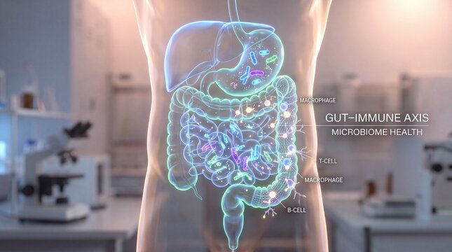 Healthy Gut Microbiome with Beneficial Bacteria on Intestinal Villi, Advanced Medical 3D Illustration