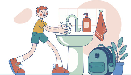 A young boy washing his hands in the bathroom sink after school.