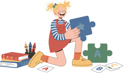 A happy young girl playing with educational puzzle pieces and books on the floor.