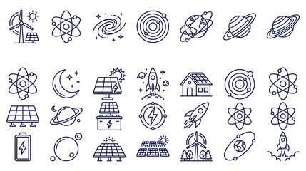 Scientific icon set displaying space exploration solar panels planets atoms and wind energy. © KALPANA AKTER