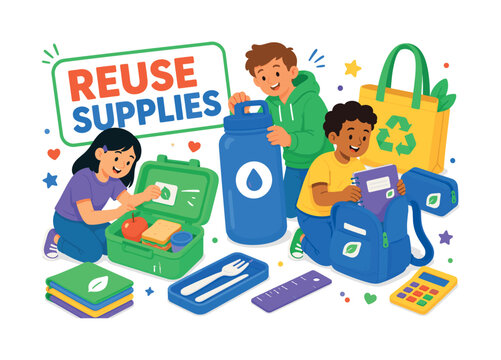 Reusable School Supplies banner scene with 3 expressive students organizing oversized reusable lunchbox and large water bottle, one labels container while another packs backpack and notebook,