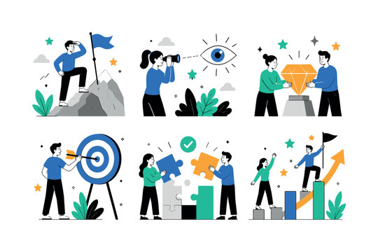 Mission Vision Values, clean editorial illustration set, create 6 separate small editorial illustrations about mission, vision, values, business strategy, target, eye focus, diamond value, puzzle