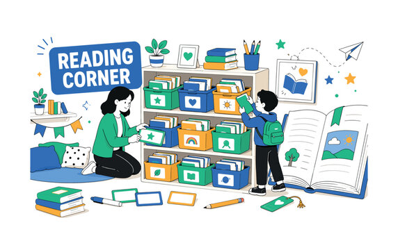 Classroom Library Bins. Classroom library book bins banner with one teacher labeling reading bins and one student choosing a book, one oversized book bin shelf and one large open book reaching all