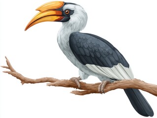 Obraz premium Exotic Tropical Hornbill Bird Perched On A Wooden Branch Isolated On A Plain White Background