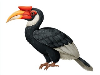 Fototapeta premium Full Body Illustration Of A Hornbill Bird With Black Feathers And Orange Beak Isolated On White