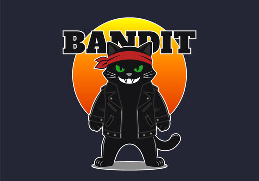 Vector cartoon smiling standing black bandit cat in red bandana and leather jacket. Toon sticker or label. Sun, sunset or sunrise. Feline decal. Comical puss hooligan. Scaring animal