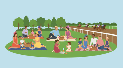 People Enjoying a Picnic at a Horse Racing Event