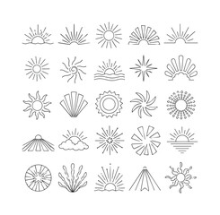 Obraz premium Retro Sun Beams one-line drawing set, 25 minimal continuous single-line icons showing sun beams, vintage rays, radial burst, carnival stripes, circus sunburst, patriotic-style ray shapes, halftone