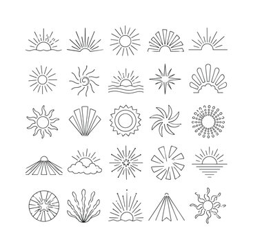 Retro Sun Beams one-line drawing set, 25 minimal continuous single-line icons showing sun beams, vintage rays, radial burst, carnival stripes, circus sunburst, patriotic-style ray shapes, halftone