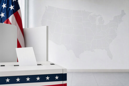 United States off-cycle elections ballot box with blank ballot and American flag in civic polling space for midterms congressional and gubernatorial voting coverage democracy