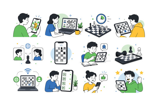 Digital Chess Match. Digital chess, mobile app match, online tournament, virtual board, multiplayer strategy, brain training, gaming education, and focused competition. 12 minimalist editorial vector