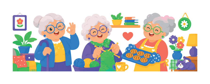 Funny Grandma Mascots, bright colorful flat vector banner with 3 expressive elderly women characters holding cane, knitting yarn, cookies, flowers and cozy home hobby details, charming senior lady