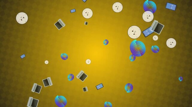 Abstract animated background featuring floating cute faces and tech icons
