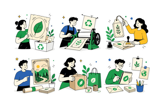 Eco Vintage Print, clean editorial illustration set with 6 separate small editorial illustrations about eco vintage print, recycled paper, botanical label, old style poster, green packaging,