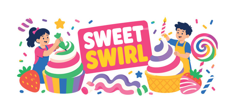 Candy Cream Swirls, bright colorful flat vector banner with 2 expressive stylized human characters decorating oversized candy cream swirls, ice cream stripes, strawberry sweet shapes, lollipop spiral,