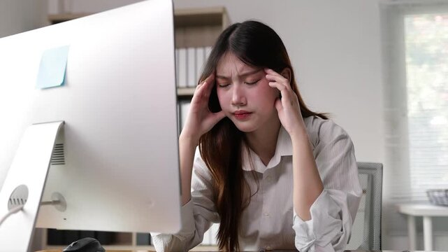Stressed young Asian business woman feeling sleepy, tired, and bored while working on her computer with business charts in the office.