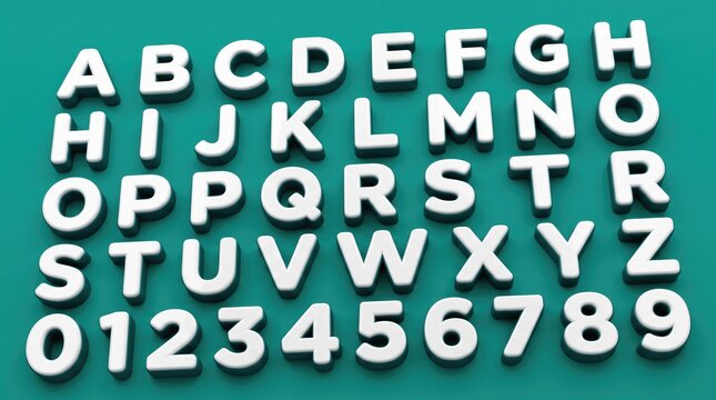 White 3D alphabet letters and numbers on teal background, plastic bold typography set, sans-serif uppercase characters for education and design