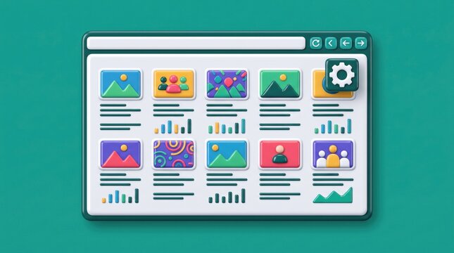 Modern 3D website dashboard interface, digital content management system with colorful UI elements, web browser window with data visualization charts