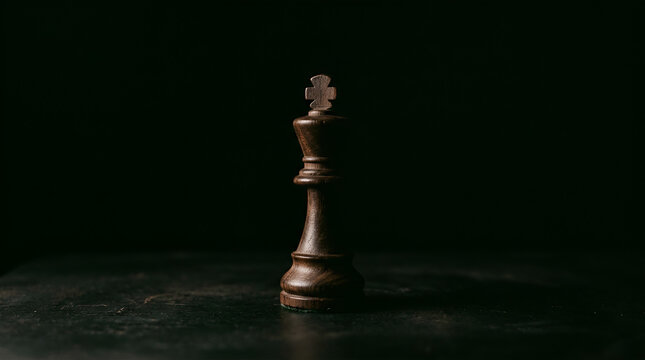 Dark wooden chess king piece centered on black background